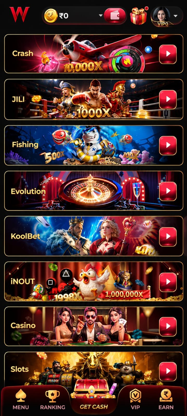IW7 lobby listing the Crash, JILI, Fishing, Evolution, KoolBet, iNOUT, Casino and Slots shelves