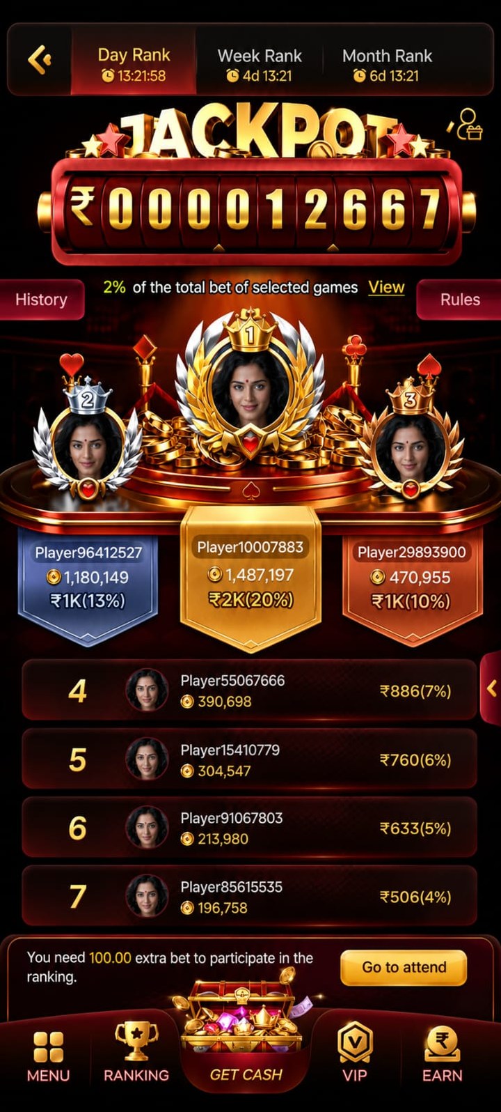 IW7 ranking screen showing the jackpot counter at ₹12,667 and the top placings paying ₹2,000, ₹1,000 and ₹1,000