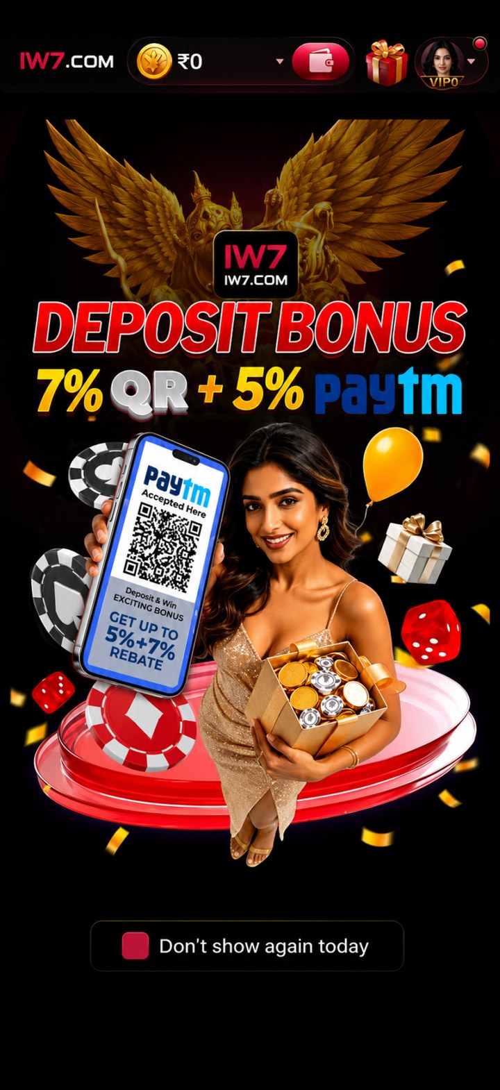 IW7 deposit promotion screen advertising a 7% QR and 5% Paytm rebate
